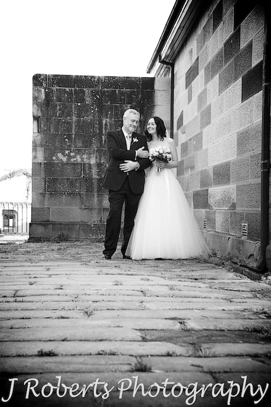 Bride and father preparing to walking down the aisle at historic Gunners' Barracks - wedding photography sydney
